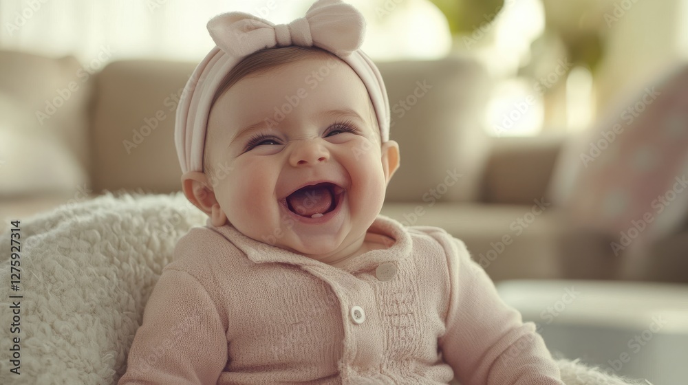 Happy Baby Smiling Brightly in Soft Living Room Environment Happy Baby Smiling Brightly in Soft Living Room Environment