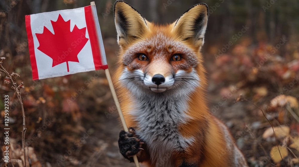 Naklejka premium A red fox holds a Canadian flag in a forest setting, great for patriotic or wildlife-themed images