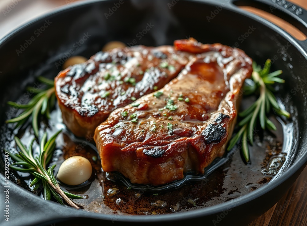 Fototapeta premium Delicious Grilled Beefsteak Ribeye in Cast Iron Pan with Garlic and Rosemary Sprigs