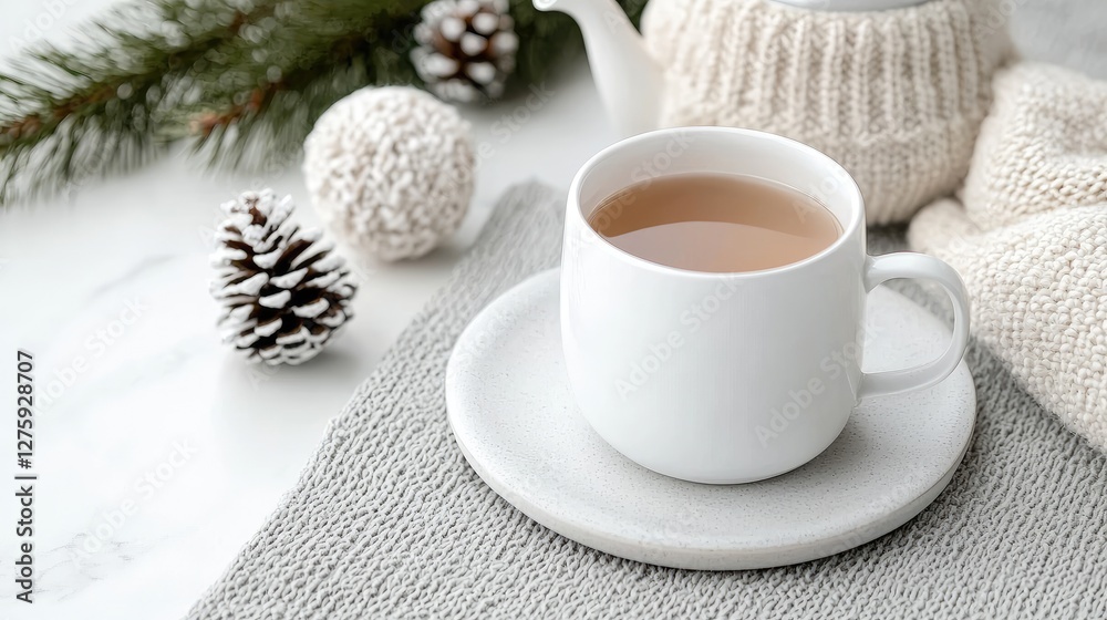 Fototapeta premium Cozy winter teacup, sweater, pine cones. Lifestyle blog, website