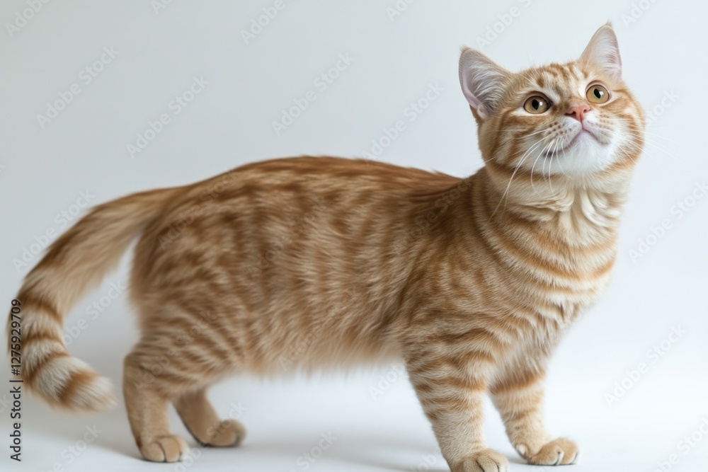 A domestic cat standing on a white surface gazing upwards A domestic cat standing on a white surface gazing upwards