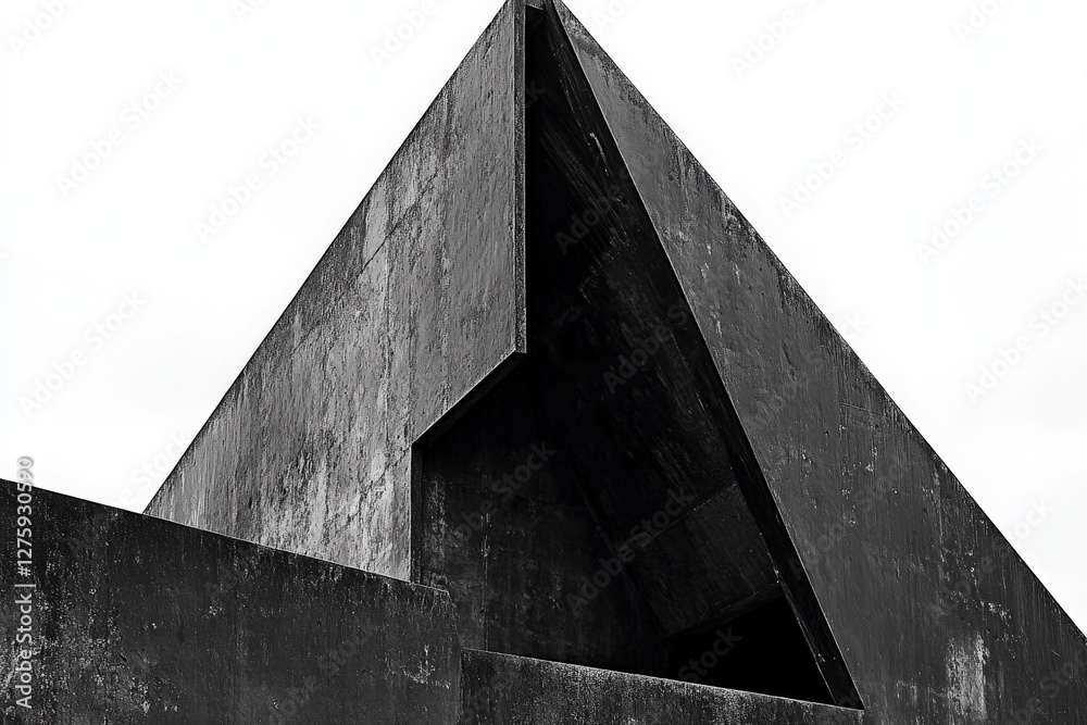 Fototapeta premium Concrete architectural pyramid against white sky, abstract geometric urban brutalist building exterior facade design
