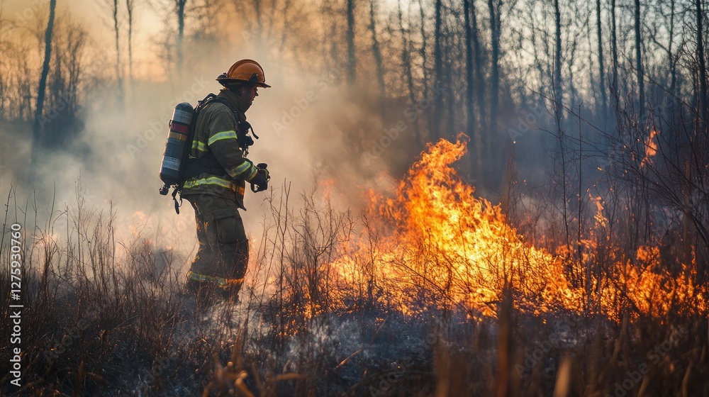 Fototapeta premium Firefighter bravely battling a wildfire in a forest, smoke and flames engulfing dry brush.