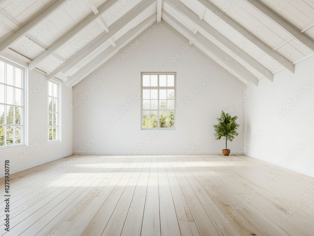Obraz premium Spacious minimalist interior with wooden floors and large windows