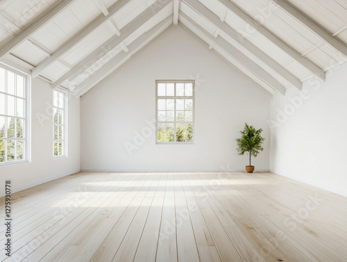 Spacious minimalist interior with wooden floors and large windows