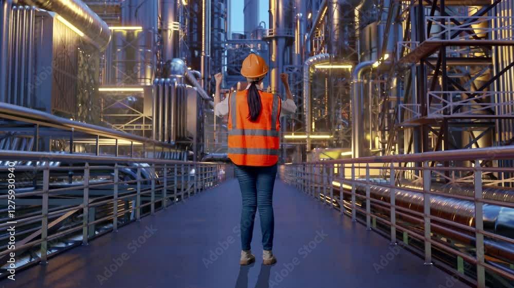 Full Body Back View Of A Female Engineer With Safety Helmet Raising Her Hands Celebrating While Working At A Vast Oil Refinery Full Body Back View Of A Female Engineer With Safety Helmet Raising Her Hands Celebrating While Working At A Vast Oil Refinery