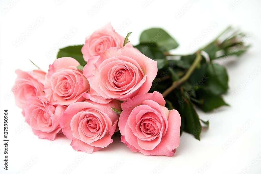 A bouquet of bright pink roses arranged on a clean white surface, perfect for decorating or gifting A bouquet of bright pink roses arranged on a clean white surface, perfect for decorating or gifting