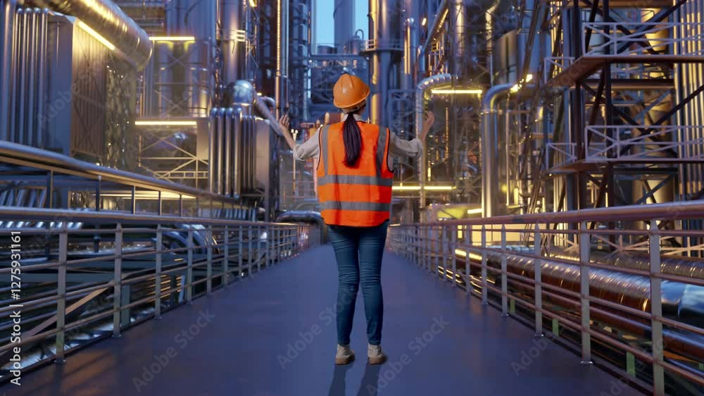 Full Body Back View Of A Female Engineer With Safety Helmet Spreading Arms While Standing At A Vast Oil Refinery Full Body Back View Of A Female Engineer With Safety Helmet Spreading Arms While Standing At A Vast Oil Refinery