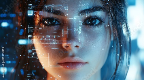 Young woman gazes thoughtfully at a futuristic cityscape illuminated by neon lights during twilight. Generative AI