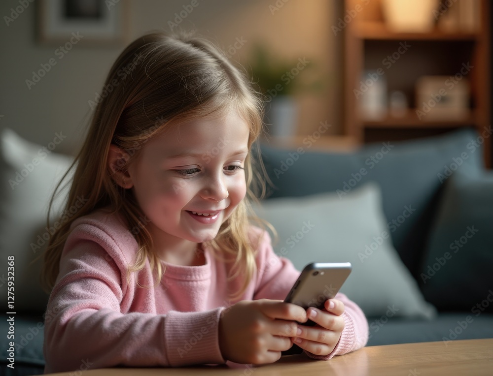 Smiling Child Enjoying Smartphone Time at Home Smiling Child Enjoying Smartphone Time at Home