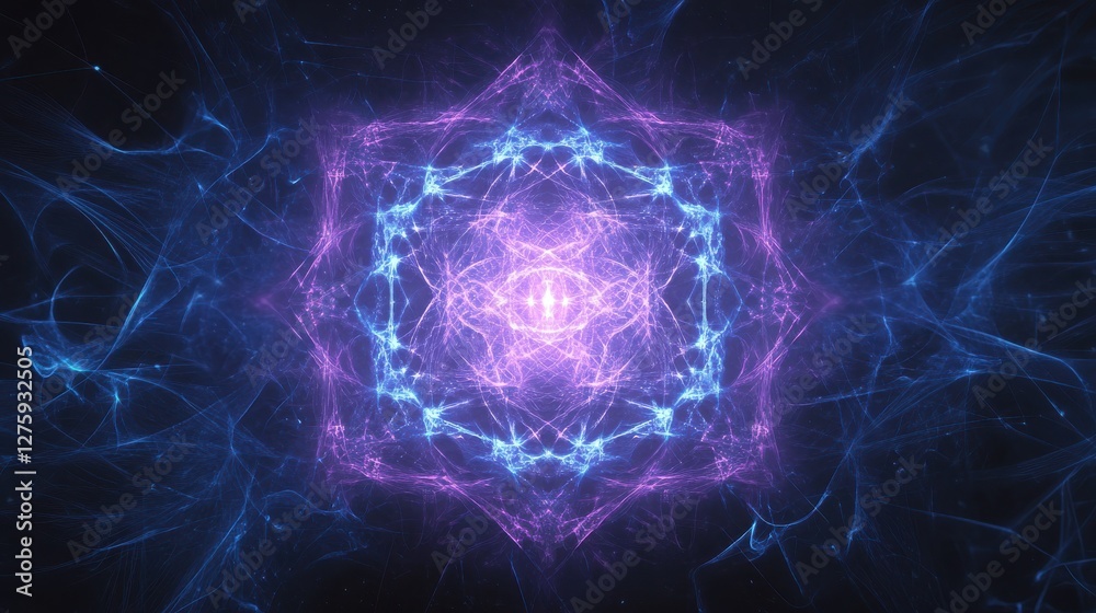 Obraz premium Colorful fractal pattern with glowing shapes and intricate lines illuminated by vibrant pink and blue hues in a dark background