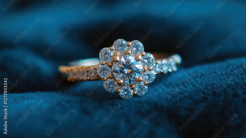 A cluster engagement ring with multiple small diamonds set in a floral pattern resting on a velvet background A cluster engagement ring with multiple small diamonds set in a floral pattern resting on a velvet background