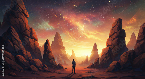 A man standing in a sci-fi landscape, surrounded by a rock valley under a starry sky and glowing sun, captured in a stunning digital painting illustration