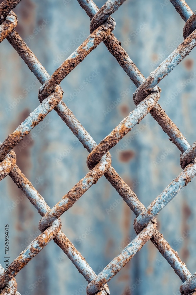 Rusty fence chain close up showing a metal fence.