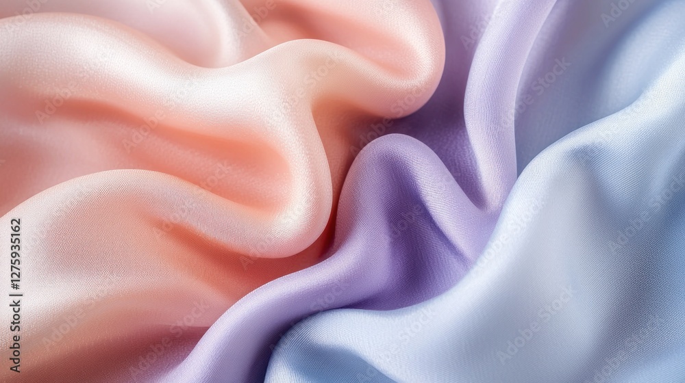 Fototapeta premium Pastel Silk Fabric Drape: A Textured Symphony of Peach, Lavender, and Sky Blue