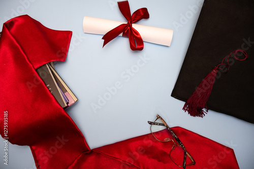 Graduation background with graduation hat diploma with red ribbon graduation stole