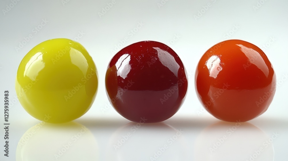 Three glossy, colorful spheres arranged in a row, reflecting light against a smooth surface Three glossy, colorful spheres arranged in a row, reflecting light against a smooth surface