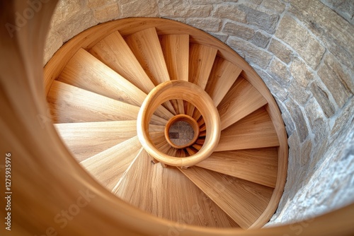 A spiral staircase with a wooden handrail