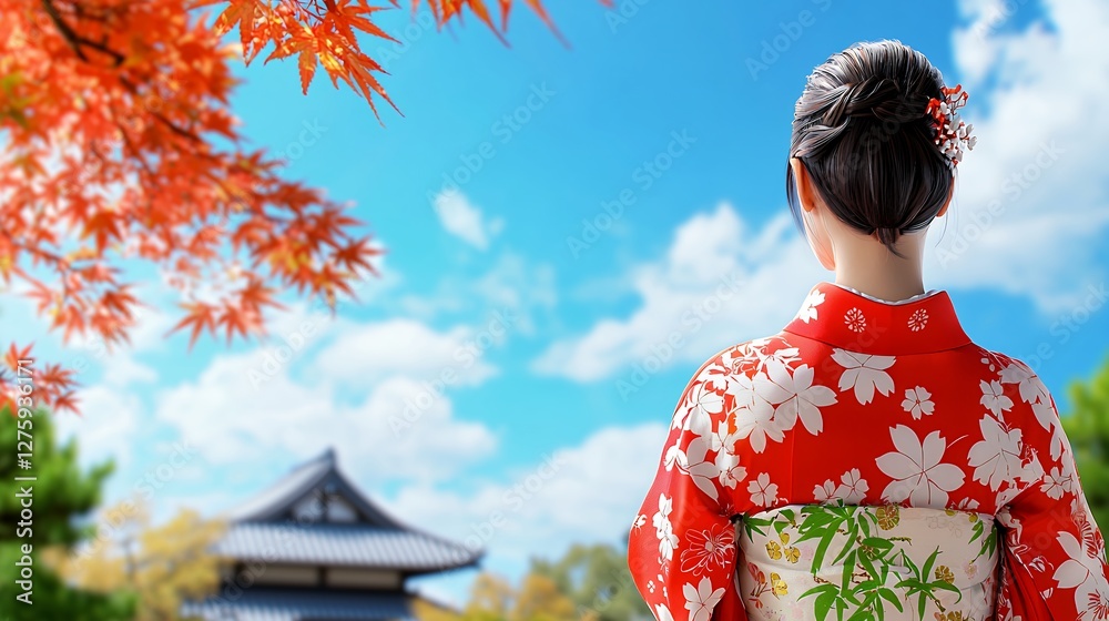 Woman in Traditional Kimono Admires Serene Autumn Landscape in Japan, Red Maple Leaves and Ancient Temple in Background Woman in Traditional Kimono Admires Serene Autumn Landscape in Japan, Red Maple Leaves and Ancient Temple in Background