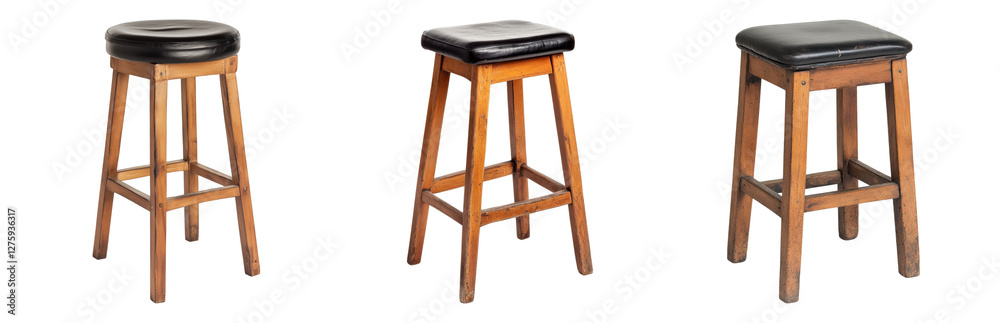 Three Wooden Stools with Cushioned Seats in Row Isolated on transparent background