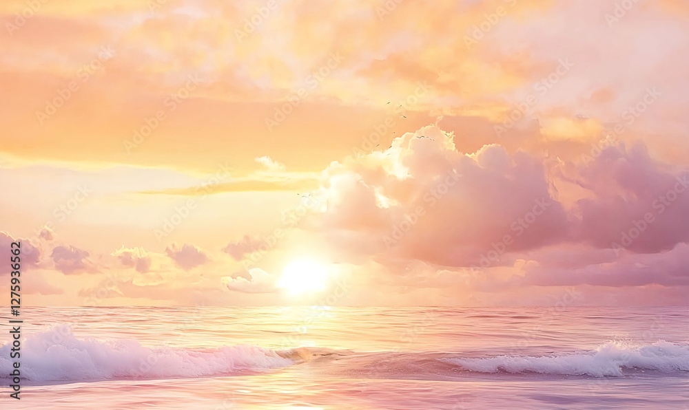 Fototapeta premium Sunrise over the beach with calm waves and a golden sky