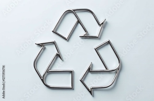 A recycling symbol sculpted from thin metal wire forming three arrows in a triangular loop on a light silver background.