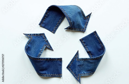 A recycling symbol made of denim fabric cutouts forming three arrows in a triangular loop on a light  background, top view