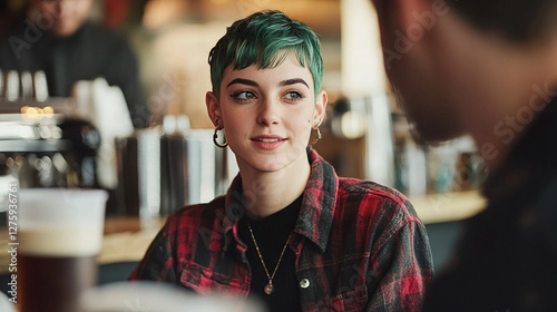 A stylish young woman with green pixie cut having a conversation in a cafe.
