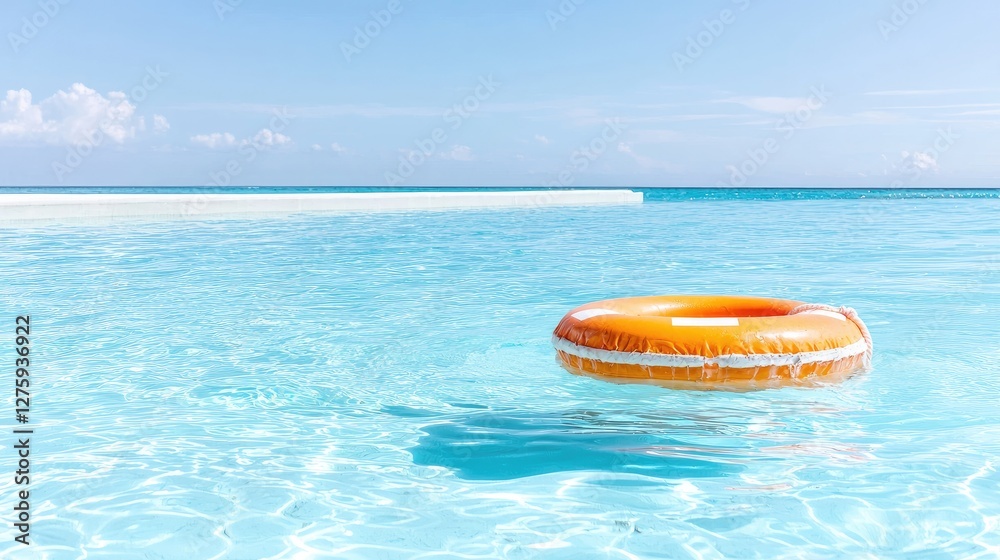 Orange life ring floats in calm turquoise water, white sand beach background; summer vacation Orange life ring floats in calm turquoise water, white sand beach background; summer vacation