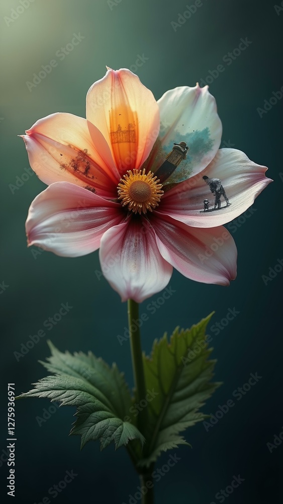Fototapeta premium A stunning 8K, photorealistic single flower with highly detailed petals depicting various scenes, creating a narrative and imaginative atmosphere. Ideal for u, ultra detailed, 8k resolution, HD