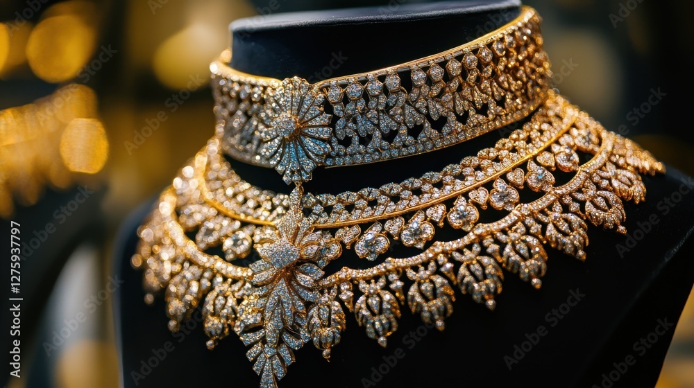 Obraz premium A diamond-studded necklace with intricate gold detailing displayed on a black velvet background