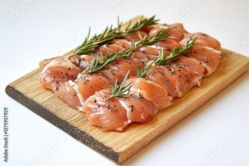 A wooden cutting board topped with various pieces of raw meat, ideal for food preparation and presentation