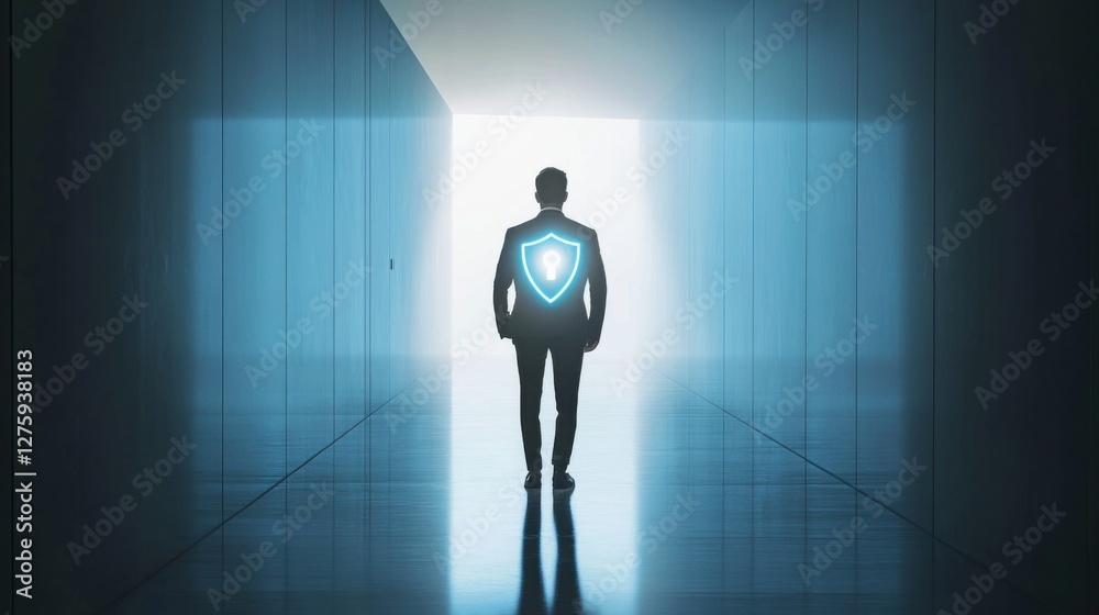 Obraz premium businessman walking towards light with security shield