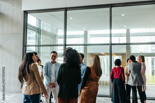 Business professionals networking in modern office setting
