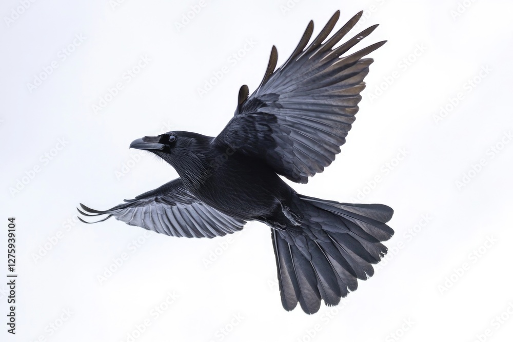 Obraz premium A large black bird soars through the air, its wings spread wide