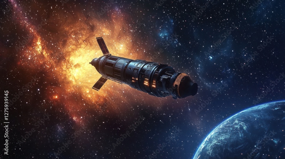 Fototapeta premium Cosmic Voyage: Spaceship Approaching Earth