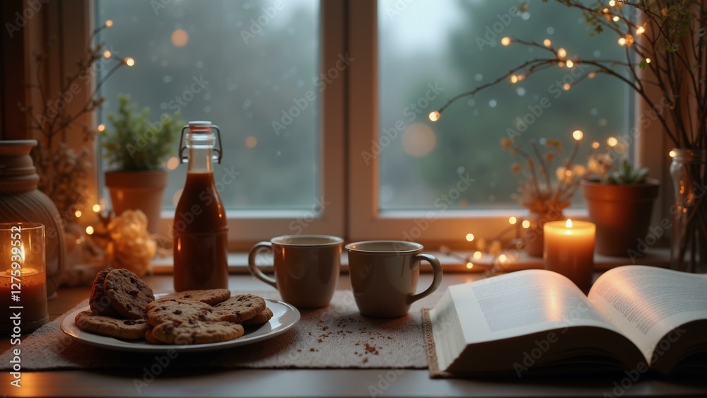 Obraz premium A cozy indoor setting for a rainy day dinner., ultra detailed, 8k resolution, HDR, professional