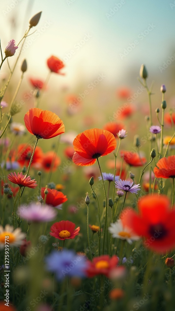Fototapeta premium A vivid landscape of colorful wildflowers, including poppies, daisies, and cornflowers, gently swaying in the breeze with intricate textures on their petals a, ultra detailed, 8k resolution, HD