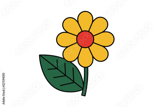 Flower with leaf clipart. This image shows a yellow flower with a red center and a green leaf. Vector illustration design.