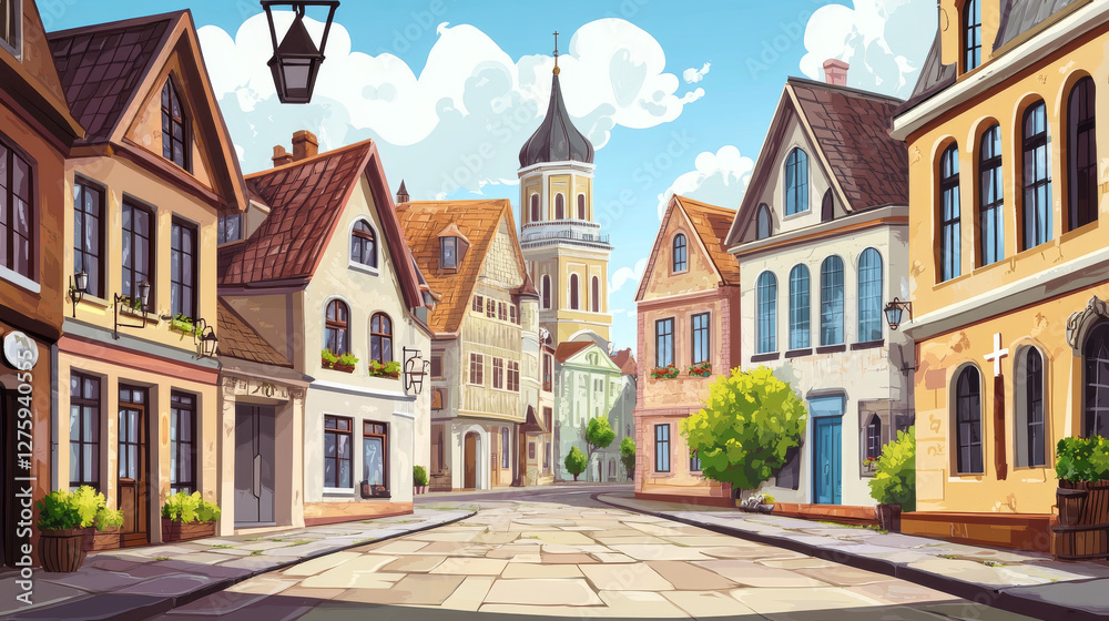 Obraz premium Urban street landscape 18th century with residential, government and church buildings, retro cartoon vector background. Cityscape with pavement, facades, vintage town poster