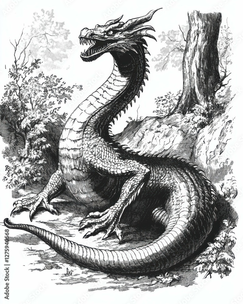 Obraz premium Basilisk: Vintage Graphic Depiction of a Mythical Dragon Beast