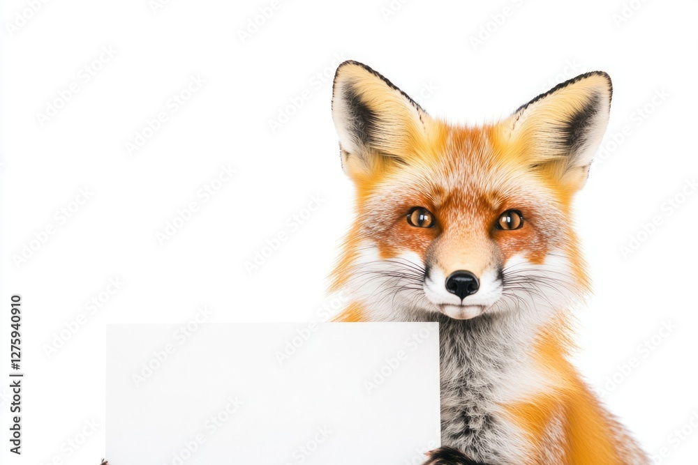 Fototapeta premium A red fox holds a sign in front of its face, curious expression