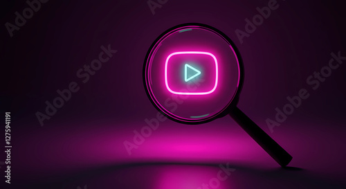 The magnifying glass features a neon pink and blue YouTube icon. The background fades to black at the edges, generative ai