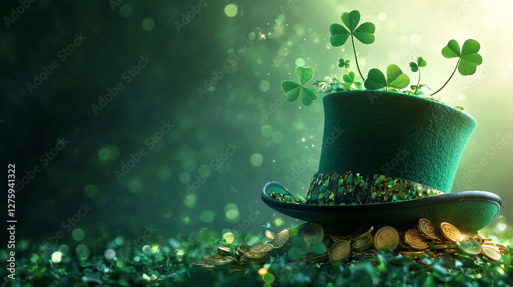 Naklejka premium Leprechaun hat, clovers, and gold coins in a magical green setting