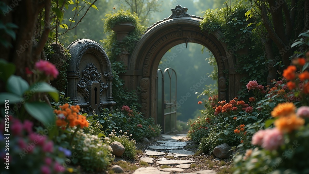 Fototapeta premium A mystical metal key unveils an alluring secret garden, teeming with exotic flora and vibrant flowers. The highly detailed textures in 8k resolution bring the, ultra detailed, 8k resolution, HD