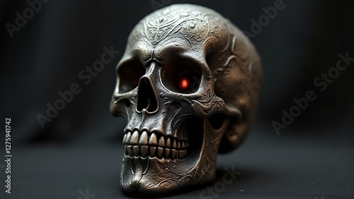   A striking metal skull adorned with complex patterns and designs, featuring glowing eyes and exceptional detail, showcasing a Gothic art style with a hint of , ultra detailed, 8k resolution, HD photo