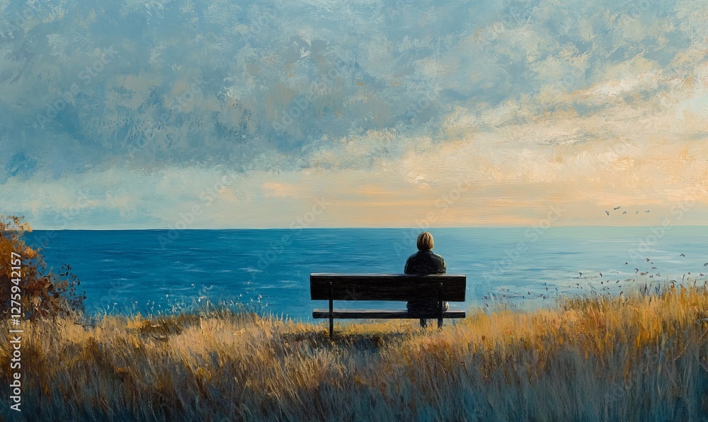 Person sits peacefully alone overlooking the vast ocean landscape. Person sits peacefully alone overlooking the vast ocean landscape.