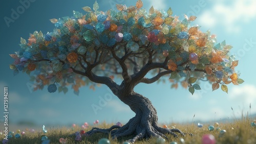   A majestic metal tree with gemstone leaves in stunning detail, perfect for a fantasy setting., ultra detailed, 8k resolution, HDR, professional photo