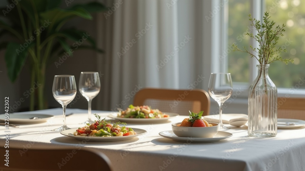 A sleek and modern business dinner setup, featuring minimalist table design, elegant water bottle, contemporary cuisine plate, and a single green leaf in a sm, ultra detailed, 8k resolution, HD A sleek and modern business dinner setup, featuring minimalist table design, elegant water bottle, contemporary cuisine plate, and a single green leaf in a sm, ultra detailed, 8k resolution, HD