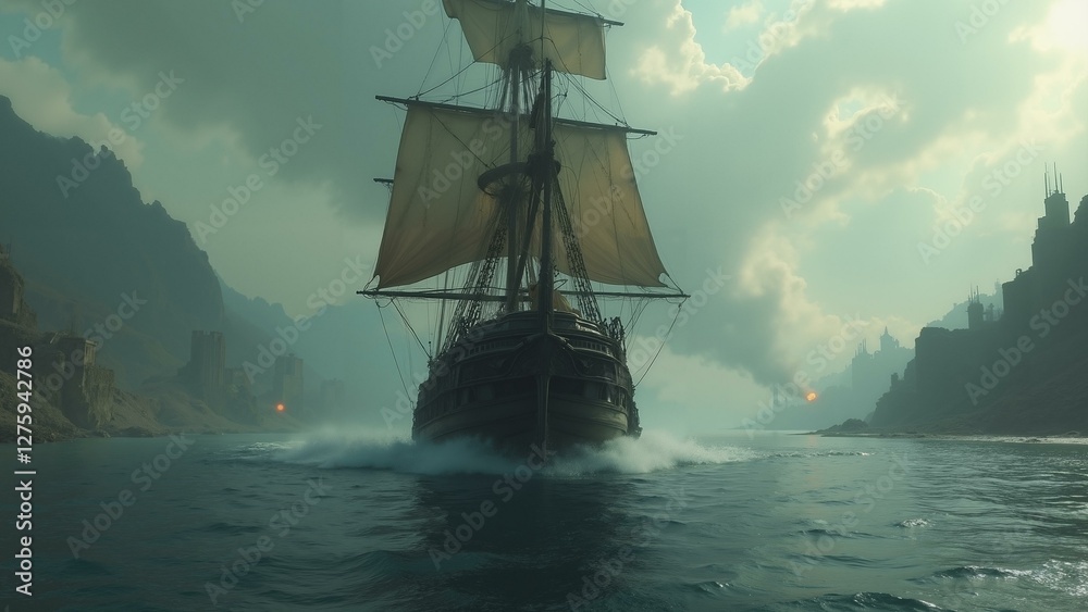 Obraz premium A hauntingly beautiful pirate ship navigates through a post-apocalyptic world filled with ruined cities and barren landscapes. The highly detailed textures of, ultra detailed, 8k resolution, HD